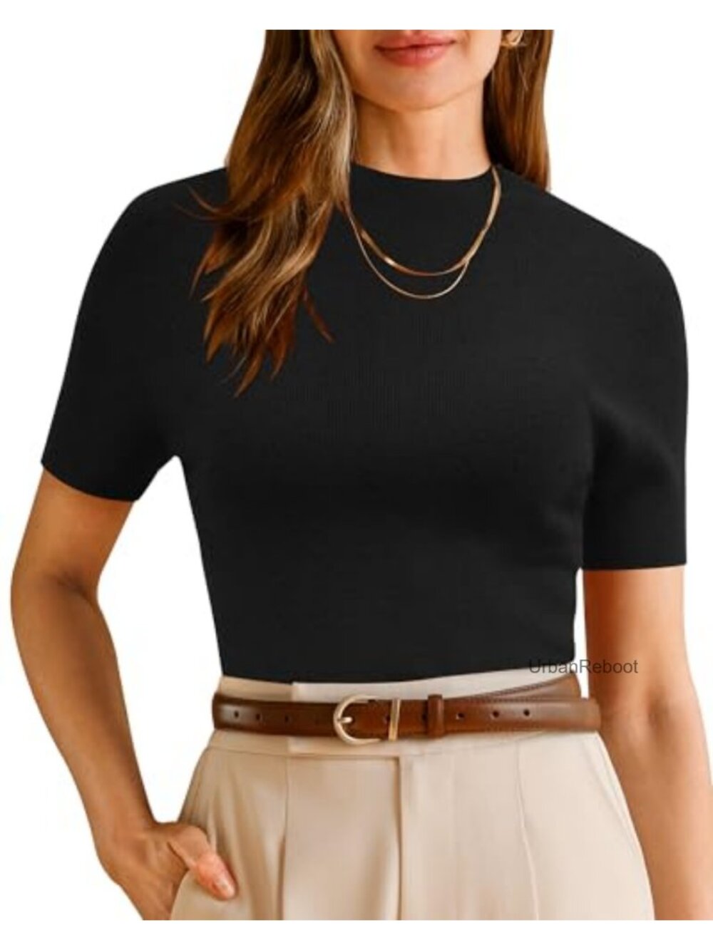 Wool Blend Mock Neck Short Sleeve Slim Fit Sweater Work Top